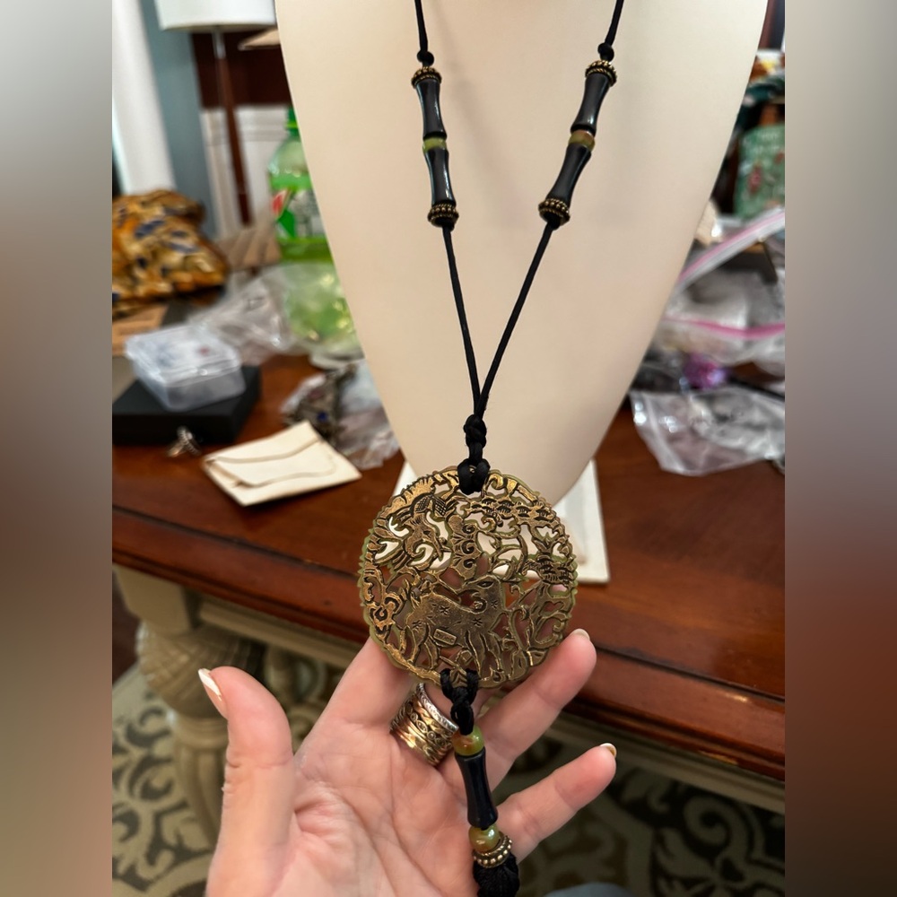 Trifari Black Necklace with Intricate Gold Jade Pendant